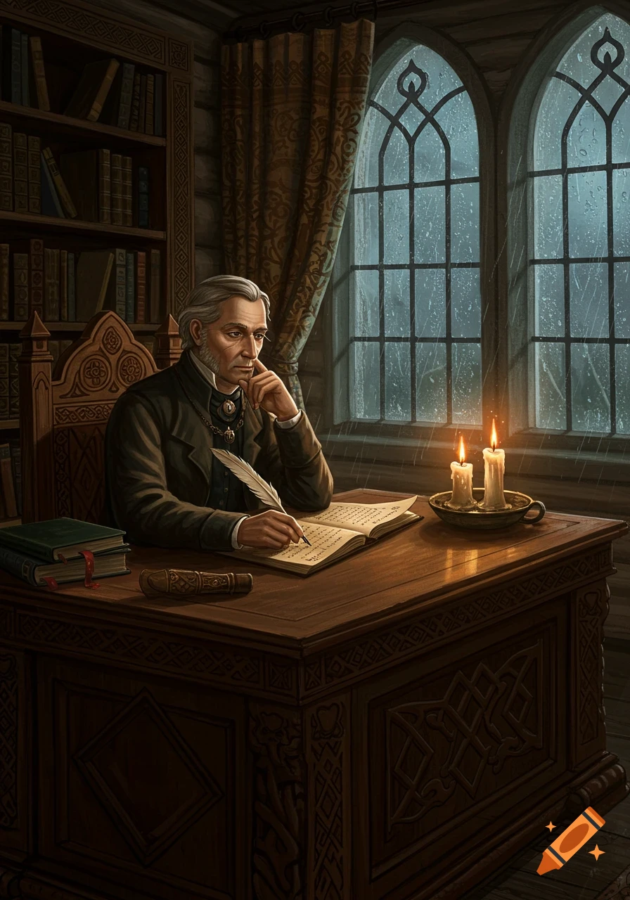 A man with gray hair, dressed in period clothing, sits at a wooden desk writing in a book with a quill. Candles light the desk in a dimly lit study with gothic windows where rain falls outside.
