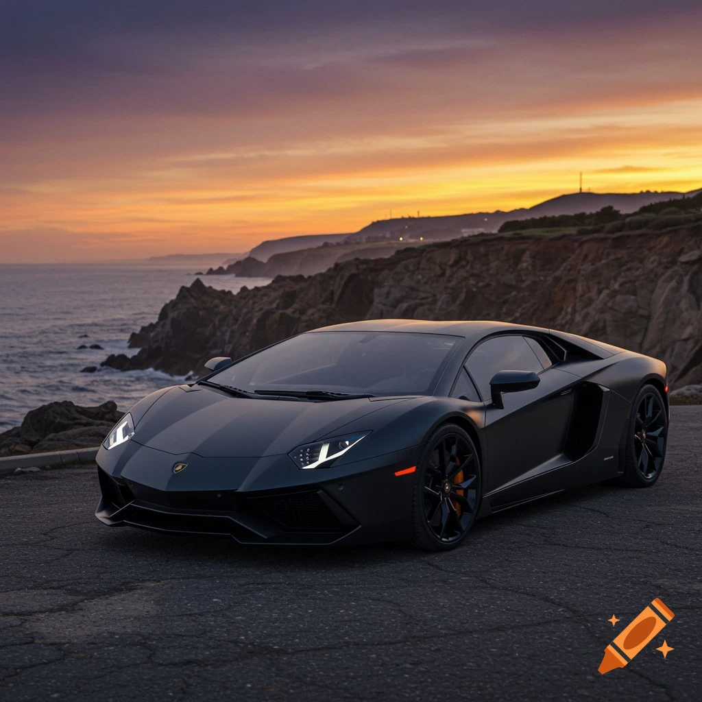 A sleek, matte black Lamborghini Aventador is parked on a coastal road, overlooking the ocean and cliffs at a vibrant sunset.