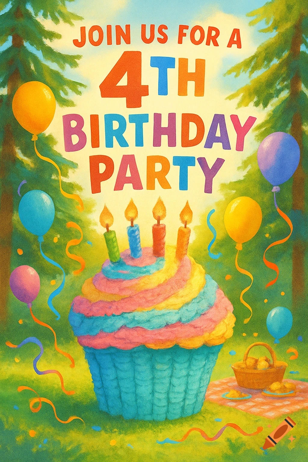 A colorful illustration of a birthday invitation with a cupcake, balloons, ribbons, and text 'JOIN US FOR A 4TH BIRTHDAY PARTY' in a garden.