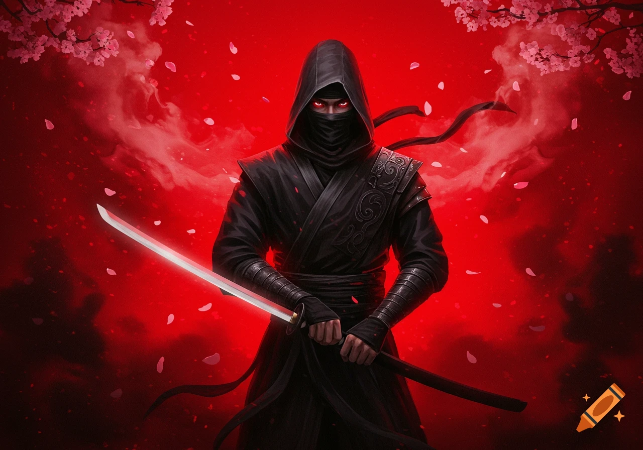 A mysterious ninja in black with glowing red eyes holds a katana against a vibrant red background with falling cherry blossoms. Digital art.