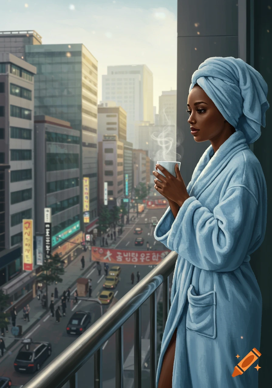 Illustration of a dark-skinned woman in a light blue robe and hair towel, sipping coffee on a balcony overlooking a bustling downtown city street in the morning.