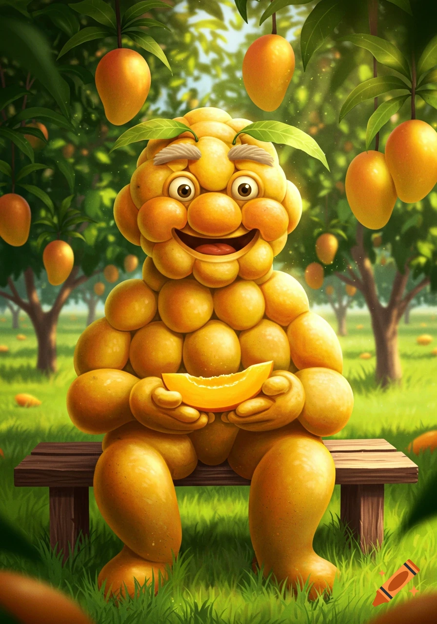 Cartoonish mango character, with leaves for eyebrows, smiles while holding a mango slice, sitting on a bench in a vibrant orchard.