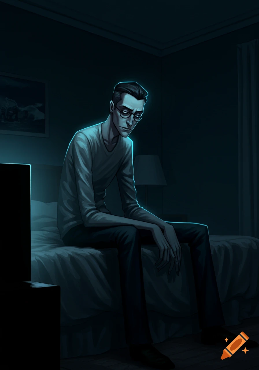 A stylized, gaunt man with glasses sits on a bed in a dark room, illuminated by a TV screen's blue glow, looking melancholic.