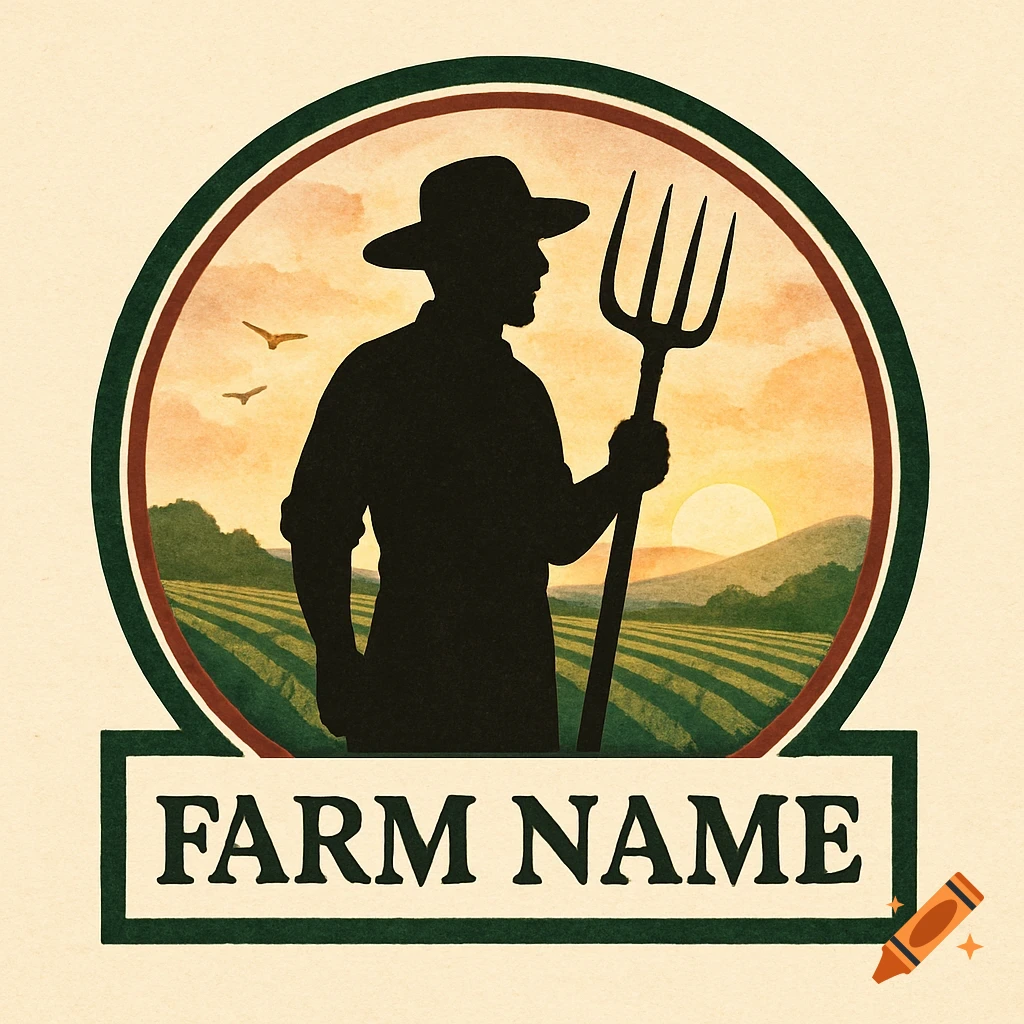 A round logo featuring a black silhouette of a farmer holding a pitchfork, standing in a field with a sunset and mountains in the background. The text 'FARM NAME' is below.