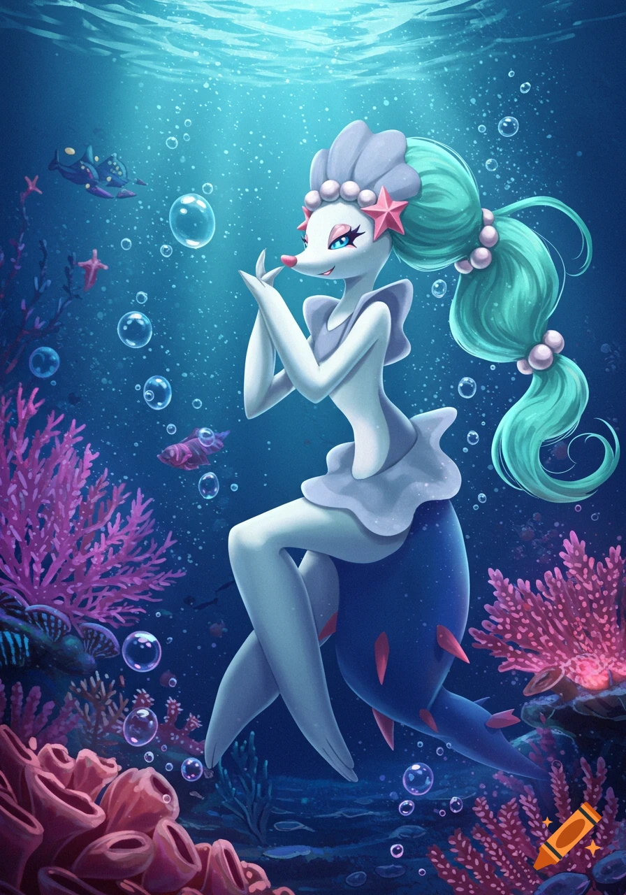 Primarina in a flirtatious pose, swimming among vibrant coral and bubbles in a deep blue underwater scene.