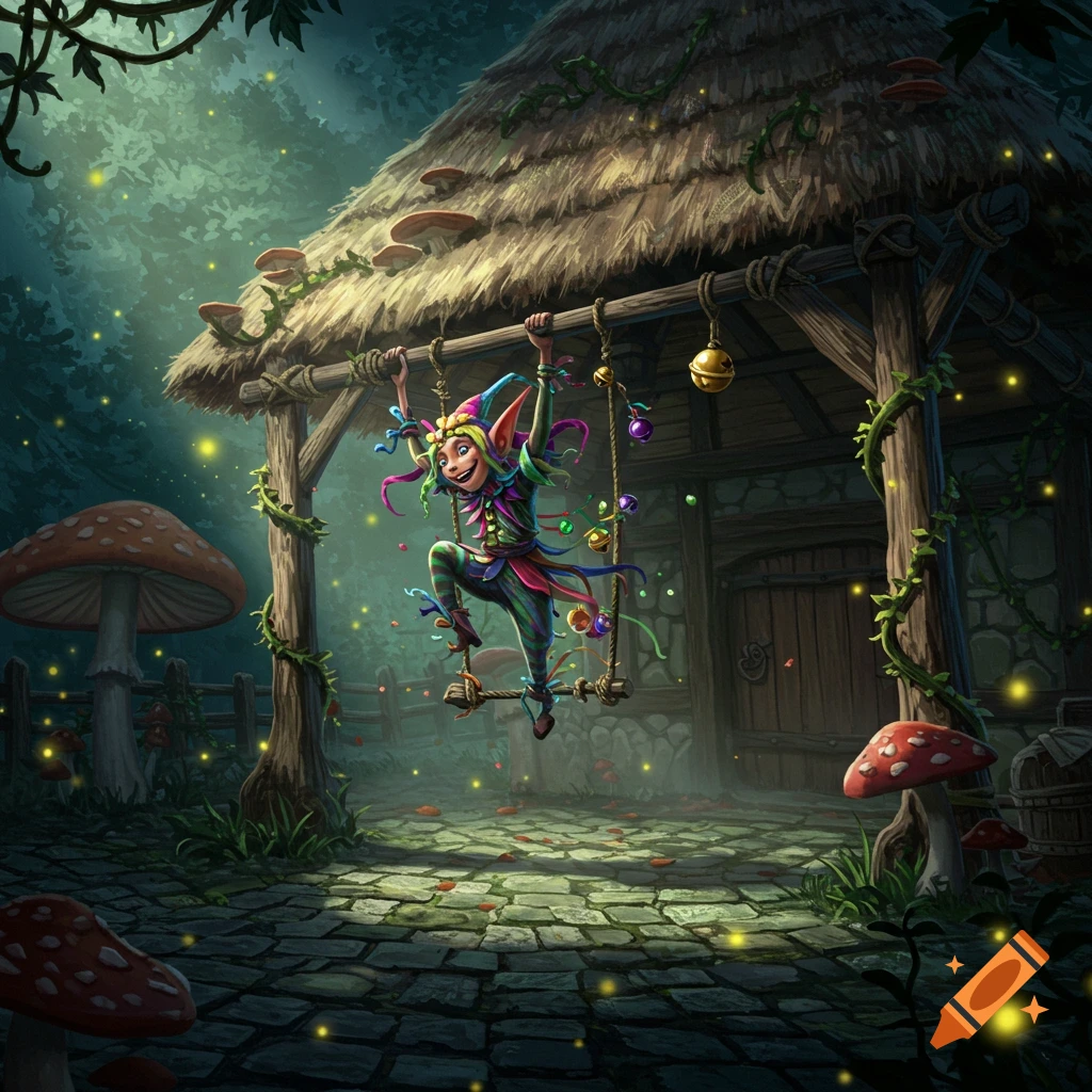 A whimsical jester-like elf swings playfully under a rustic hut in a magical, firefly-lit forest with giant mushrooms.