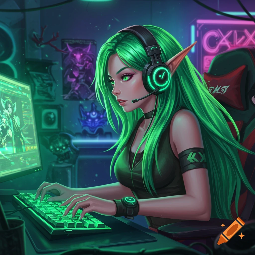 An anime-style elf girl with bright green hair and pointed ears wears a headset and plays on a glowing green computer keyboard in a dimly lit room.