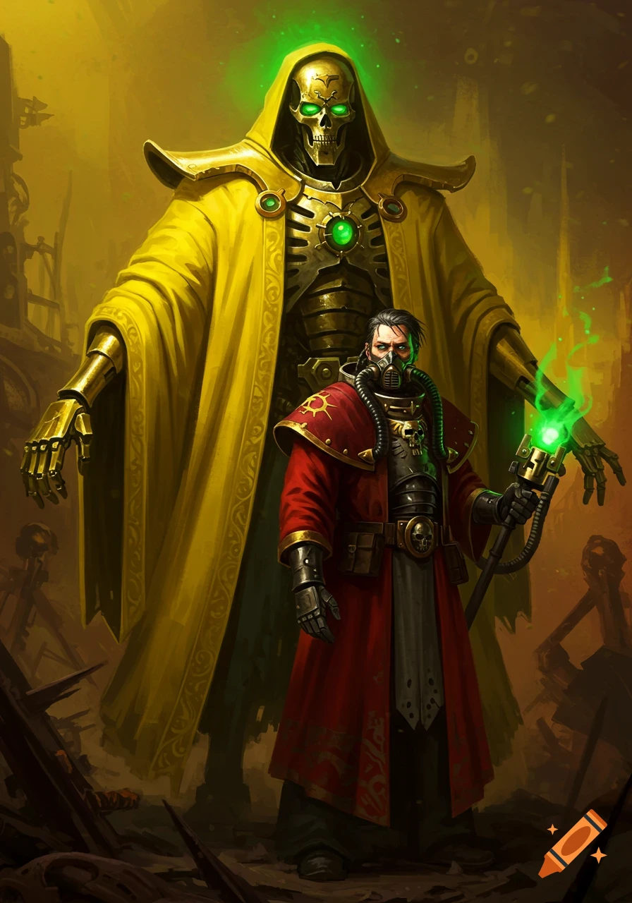 A tall golden skeletal figure in a yellow robe stands behind a human cyborg in red, holding a glowing green staff, in a dark sci-fi setting.
