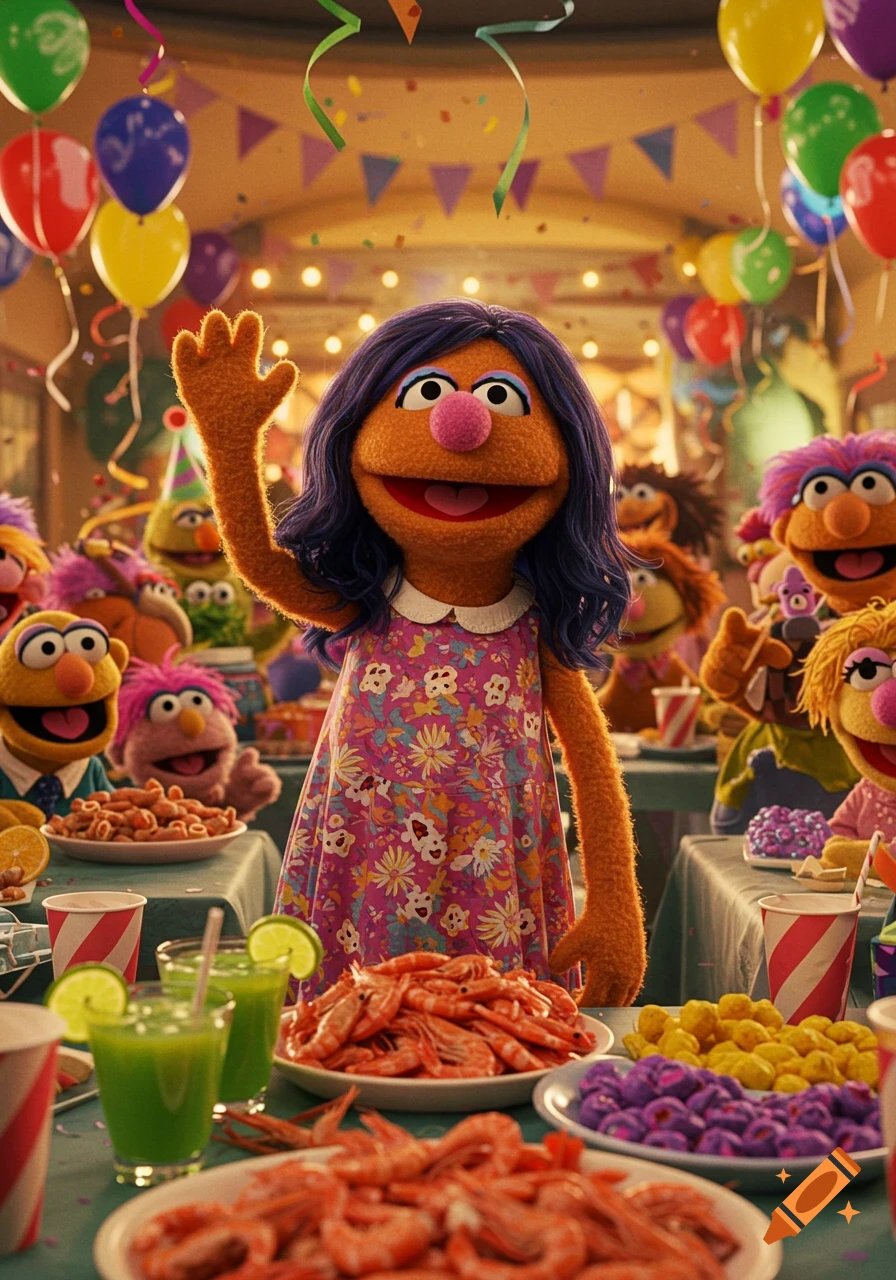A purple-haired orange muppet waves at a festive party with balloons, streamers, and tables laden with shrimp and colorful candies.