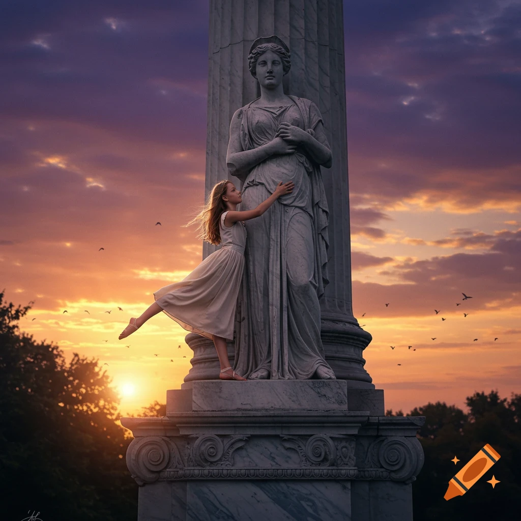 A young girl embraces a large stone statue on a pedestal at sunset, with birds flying in the vibrant sky.