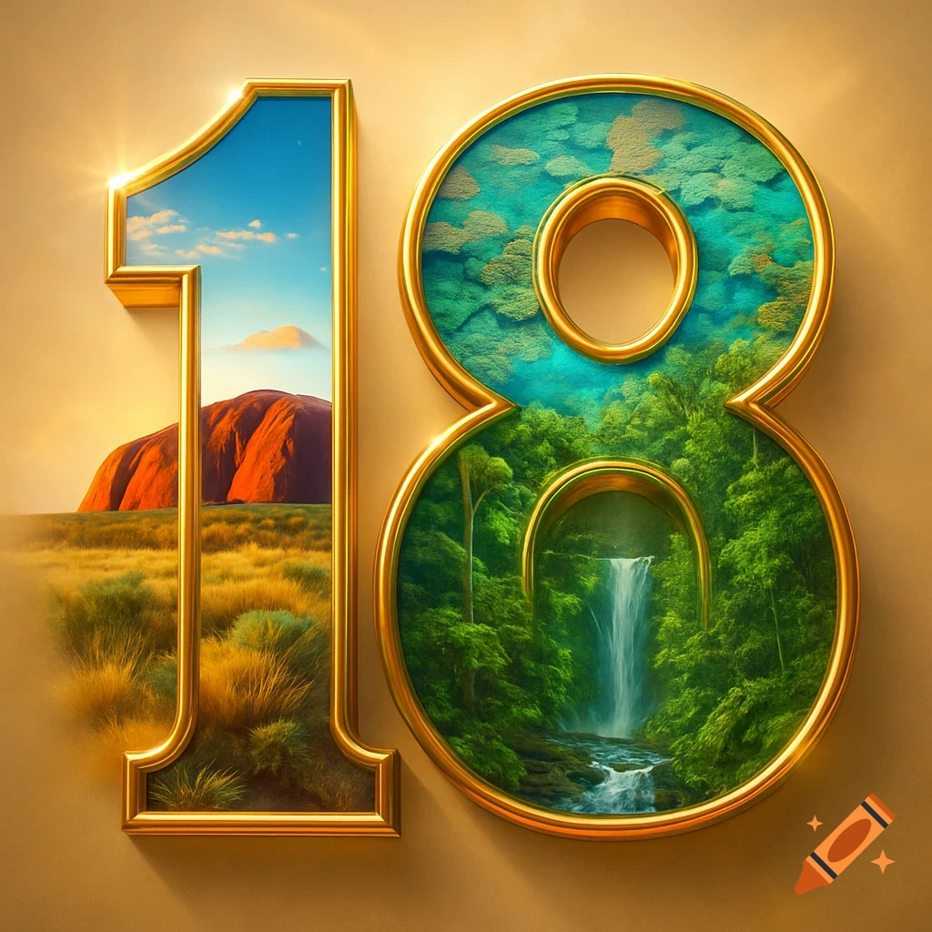A large golden number 18, with the 1 filled with an Australian desert landscape featuring Uluru, and the 8 filled with a lush green forest and waterfall.