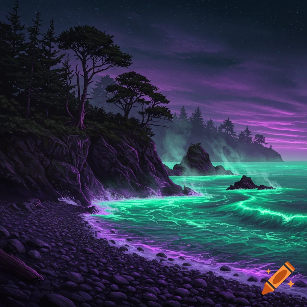 Stylized night coast with glowing turquoise waves on a pebble beach, dark cliffs with trees, and a purple sky.