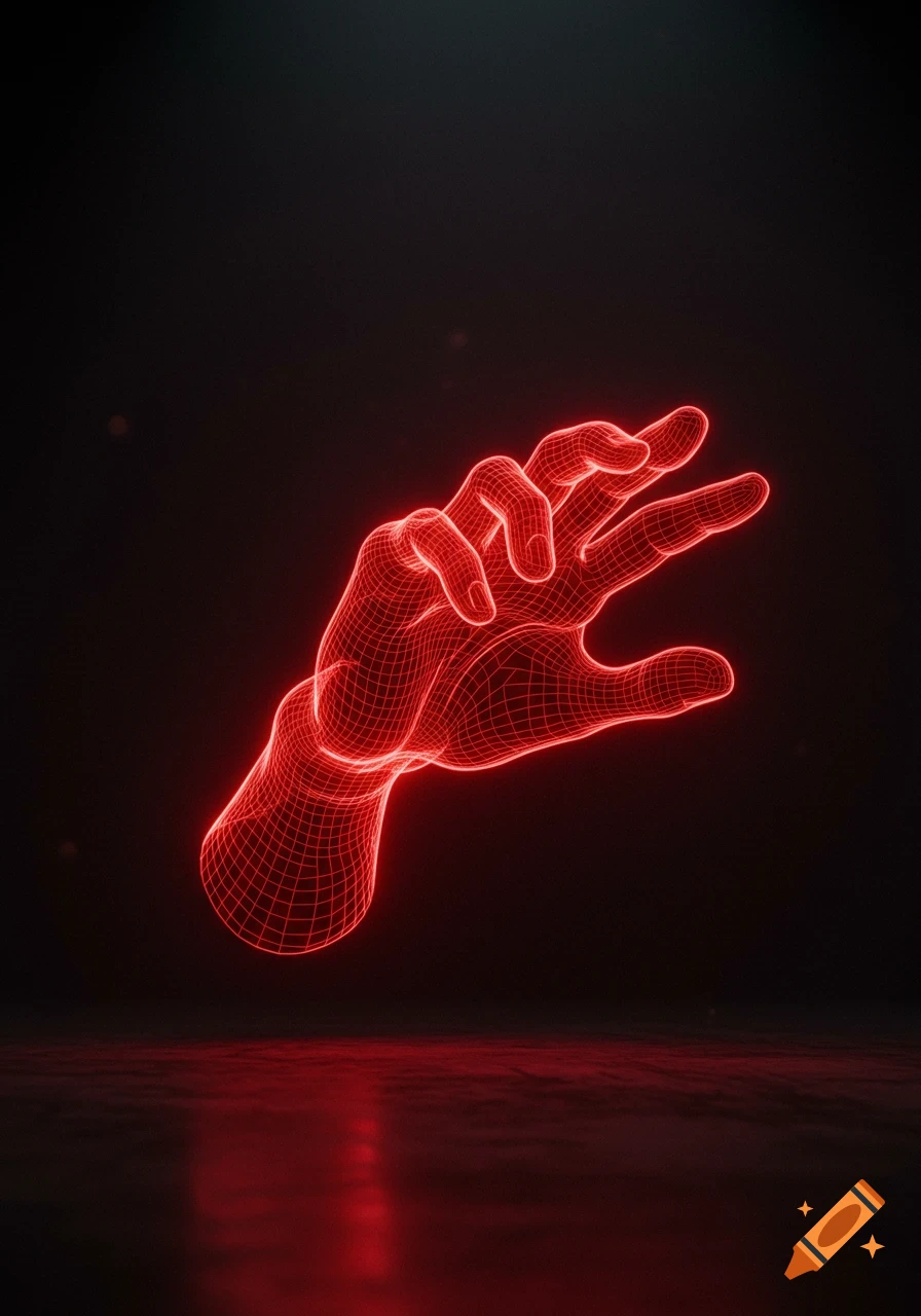 A glowing red wireframe hand in a dark room with a reflective floor, rendered in a 3D digital style.