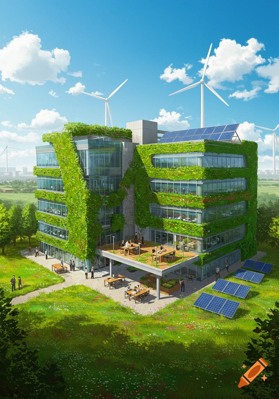 A modern, green office building covered in plants with solar panels and wind turbines, surrounded by a lush landscape.