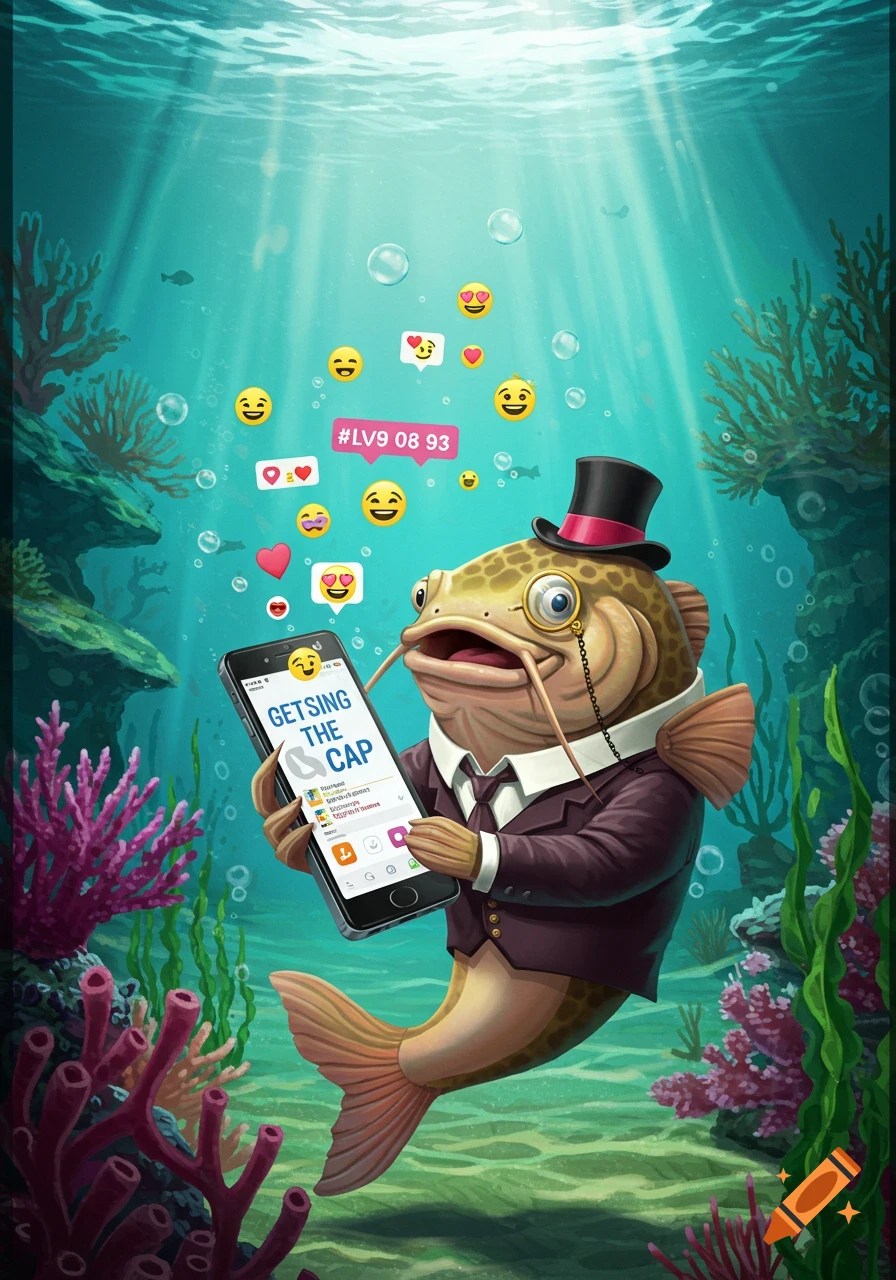 An anthropomorphic catfish in a suit, top hat, and monocle uses a smartphone underwater, surrounded by social media emojis and bubbles.