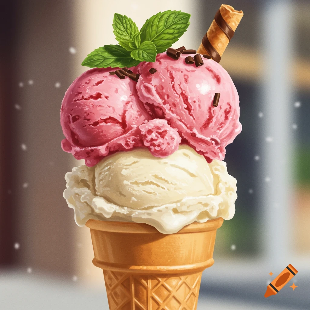 Two scoops of ice cream, one pink and one vanilla, in a waffle cone topped with mint, chocolate shavings, and a wafer stick.