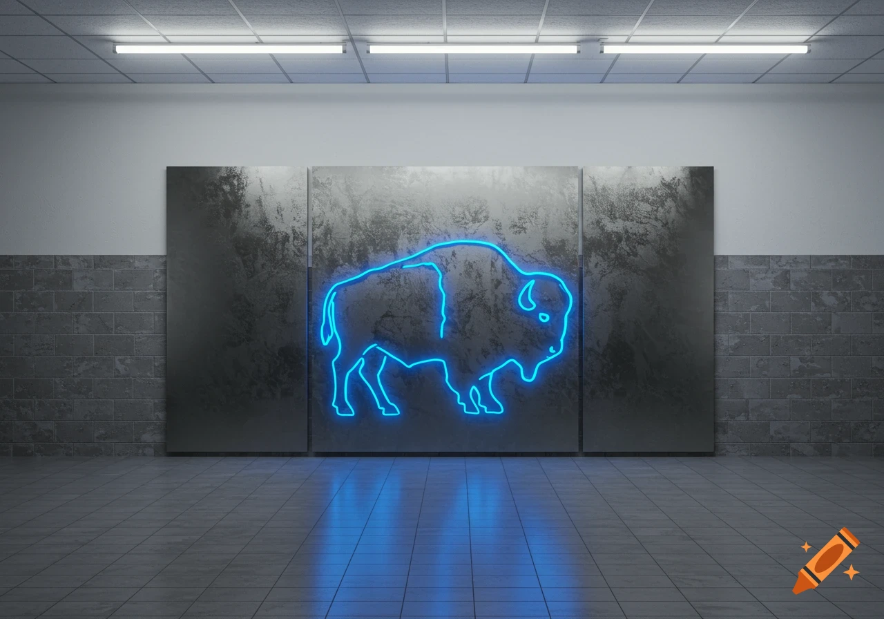 A glowing blue neon outline of a bison adorns three dark, textured panels in a modern room with a tile floor and fluorescent lights.
