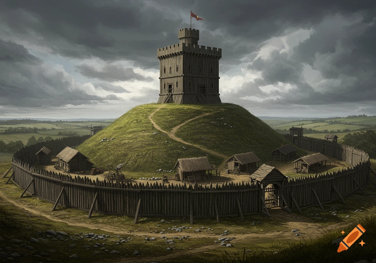 A medieval wooden keep on a grassy motte, surrounded by a palisade enclosure with simple wooden buildings, under a dramatic cloudy sky.