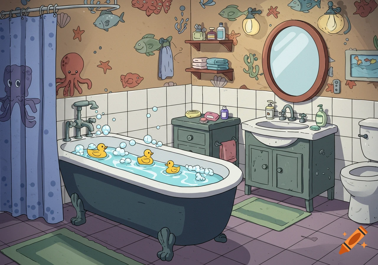 A cheerful cartoon bathroom with a tub of rubber ducks, a sink, and walls decorated with marine life.