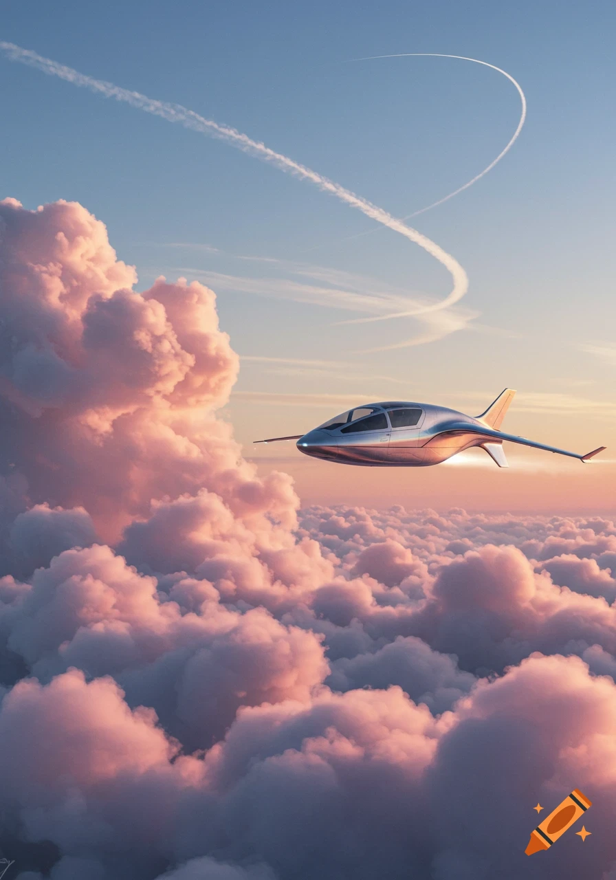 A sleek, silver futuristic aircraft flies above soft pink and white clouds at sunset, with a heart-shaped contrail in the blue sky.