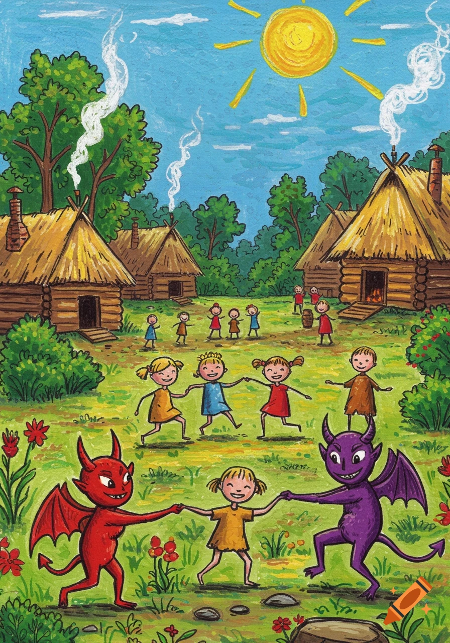 Childlike crayon drawing of kids and red and purple demons dancing in a circle in a sunny primitive village.