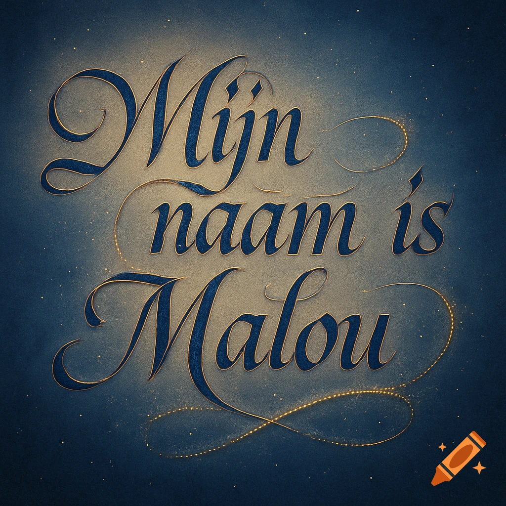 Elegant blue and gold calligraphic text 'Mijn naam is Malou' with sparkling accents on a dark background.