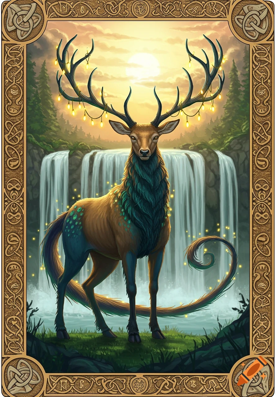 A fantasy stag with glowing lights on antlers stands by a waterfall, within an ornate Celtic frame.