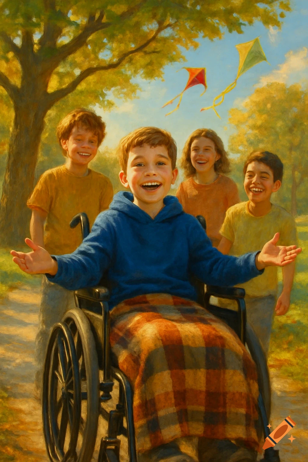 A smiling boy in a wheelchair with a plaid blanket, surrounded by three other happy children in a sunny park with kites flying.
