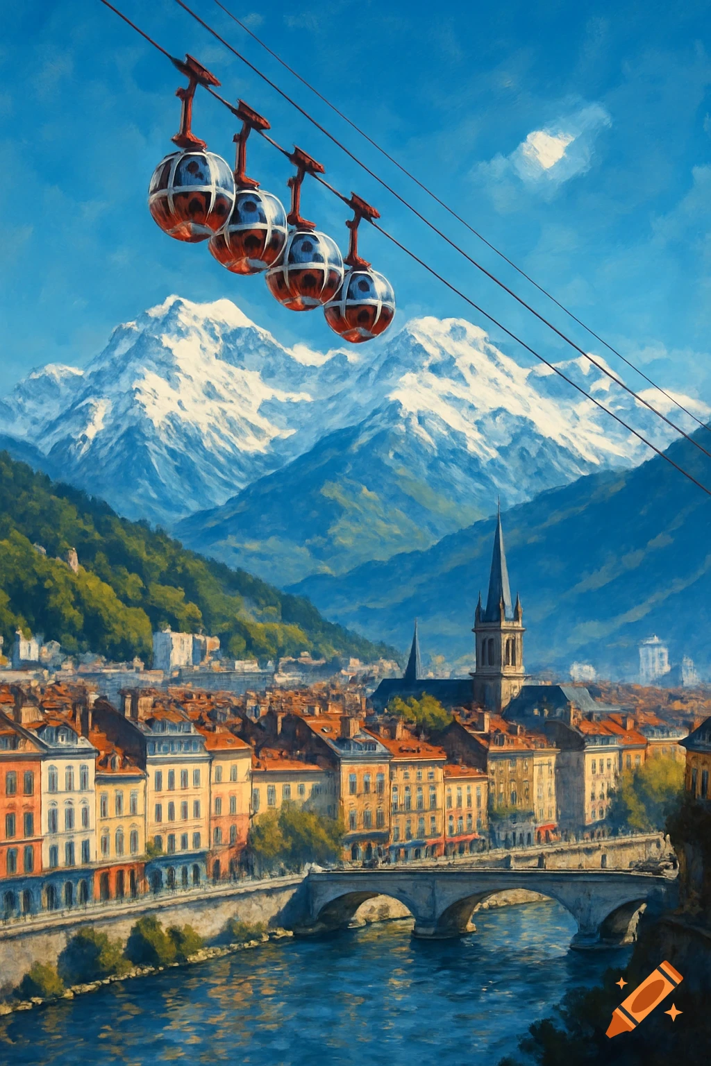 A scenic painterly view of Grenoble with a river, bridge, buildings, snowy mountains, and red cable cars under a blue sky.