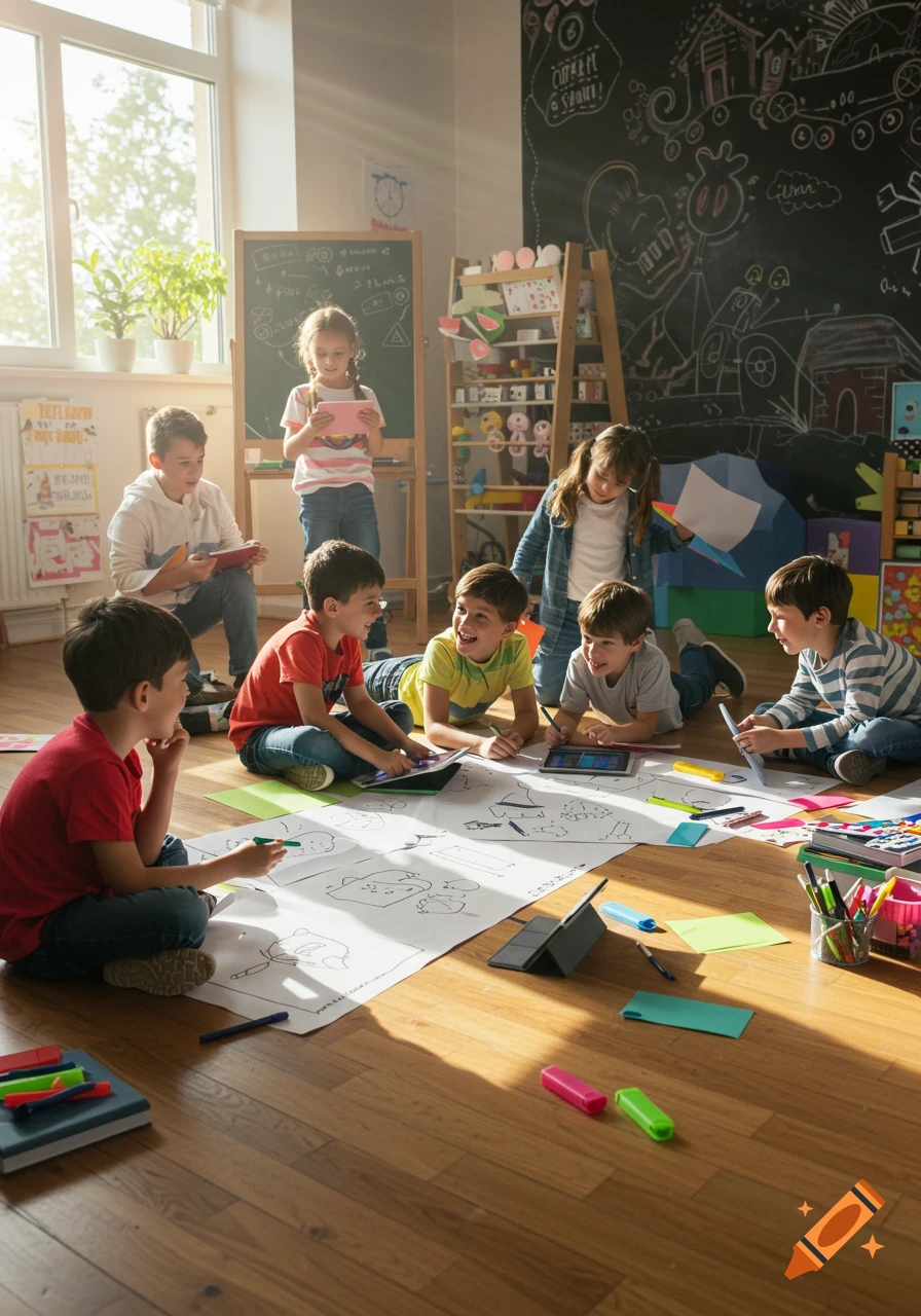 Group of primary school children sitting and lying on a classroom floor, drawing and brainstorming on large papers.