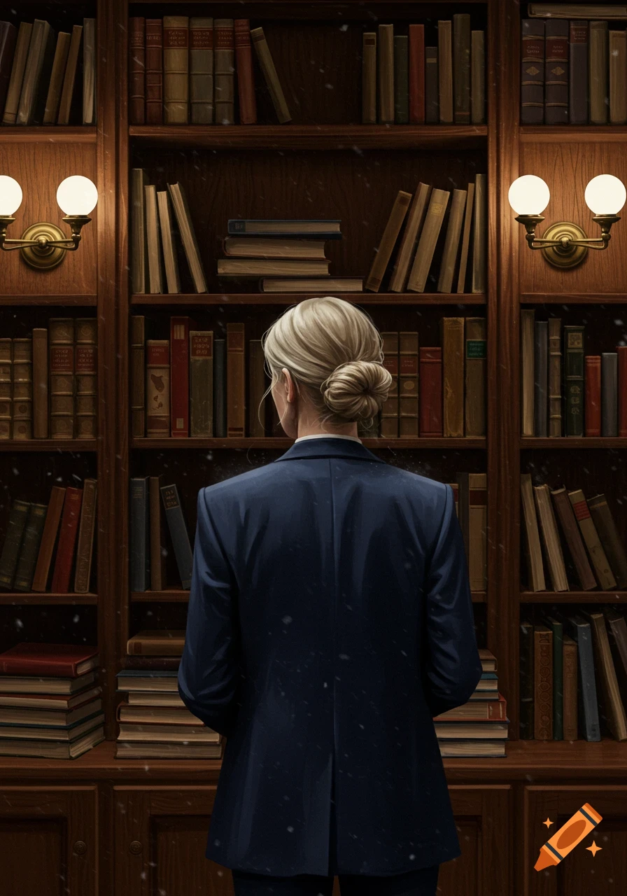 A woman with blonde hair in a bun, wearing a dark blue suit, stands with her back to the viewer in a library, facing a tall wooden bookshelf filled with books, illuminated by two wall sconces.