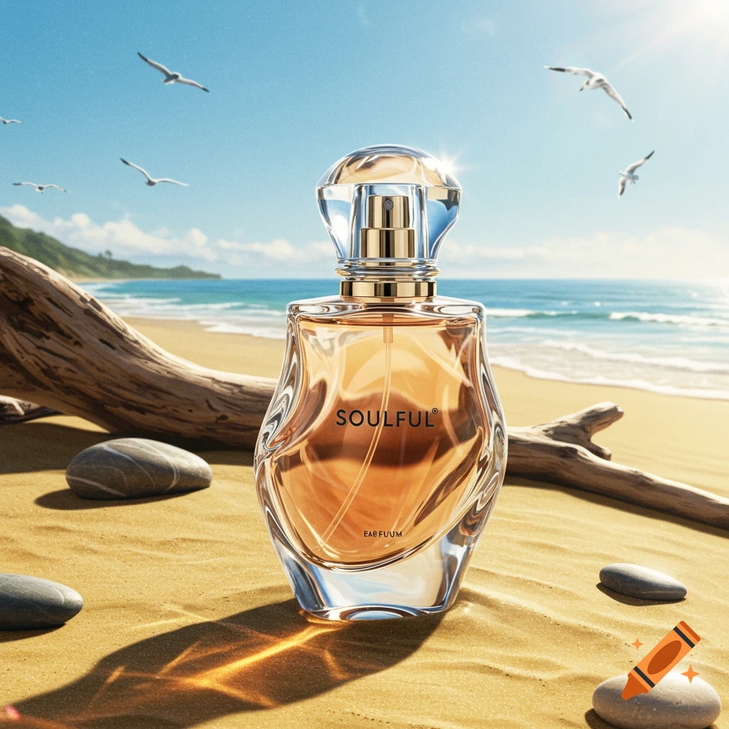 A golden perfume bottle labeled 'SOULFUL' sits on a sandy beach with driftwood and pebbles, under a bright blue sky with seagulls flying. Photorealistic style.