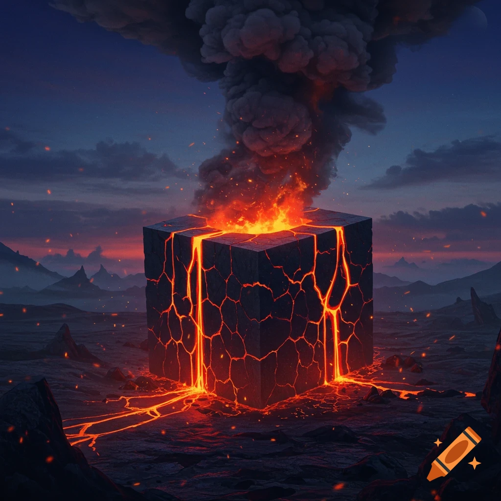 A glowing, cracked black cube erupts lava and dark smoke in a desolate, rocky landscape under a twilight sky.
