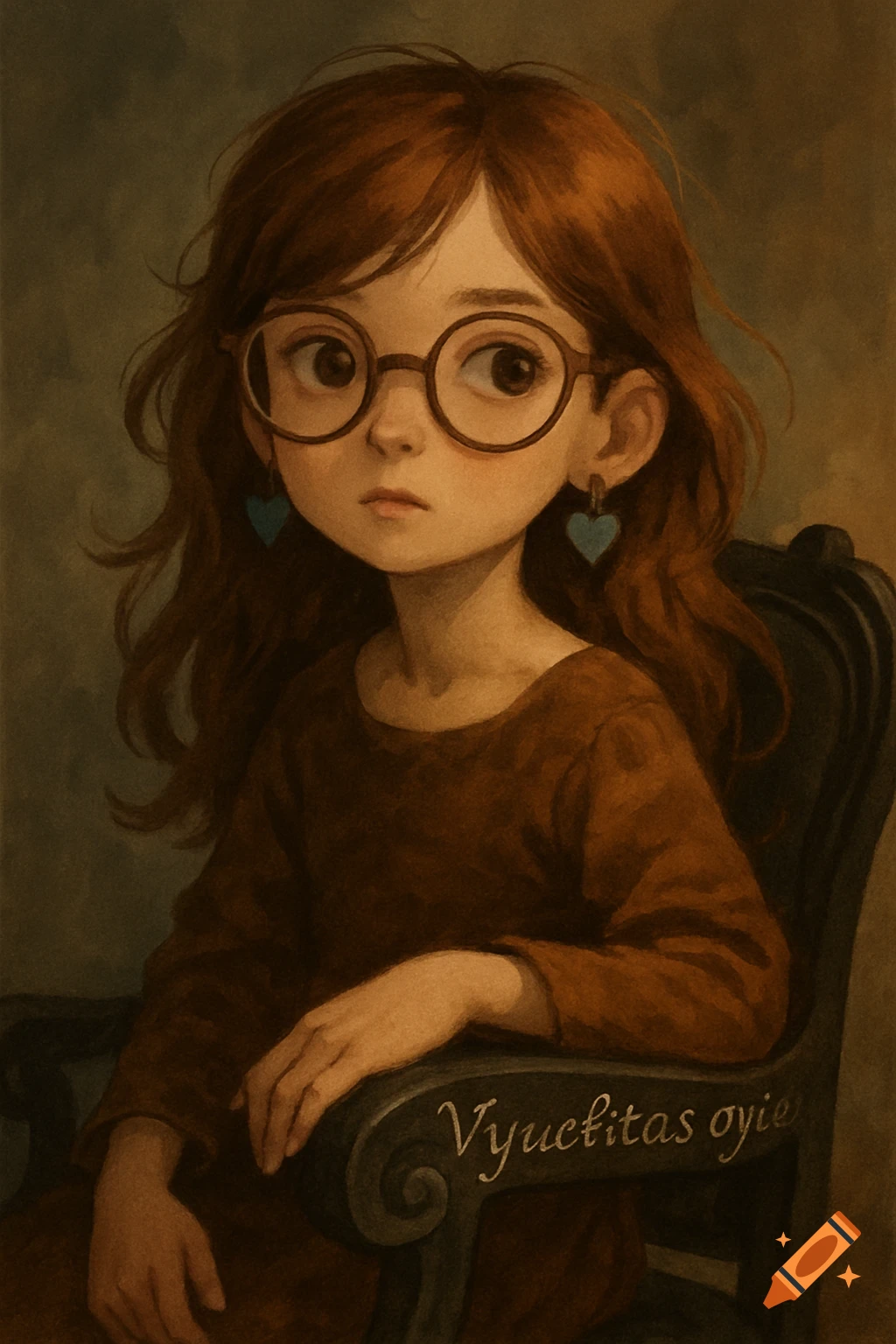 Stylized portrait illustration of a solemn girl with brown hair, round glasses, and blue heart earrings, sitting in a chair.