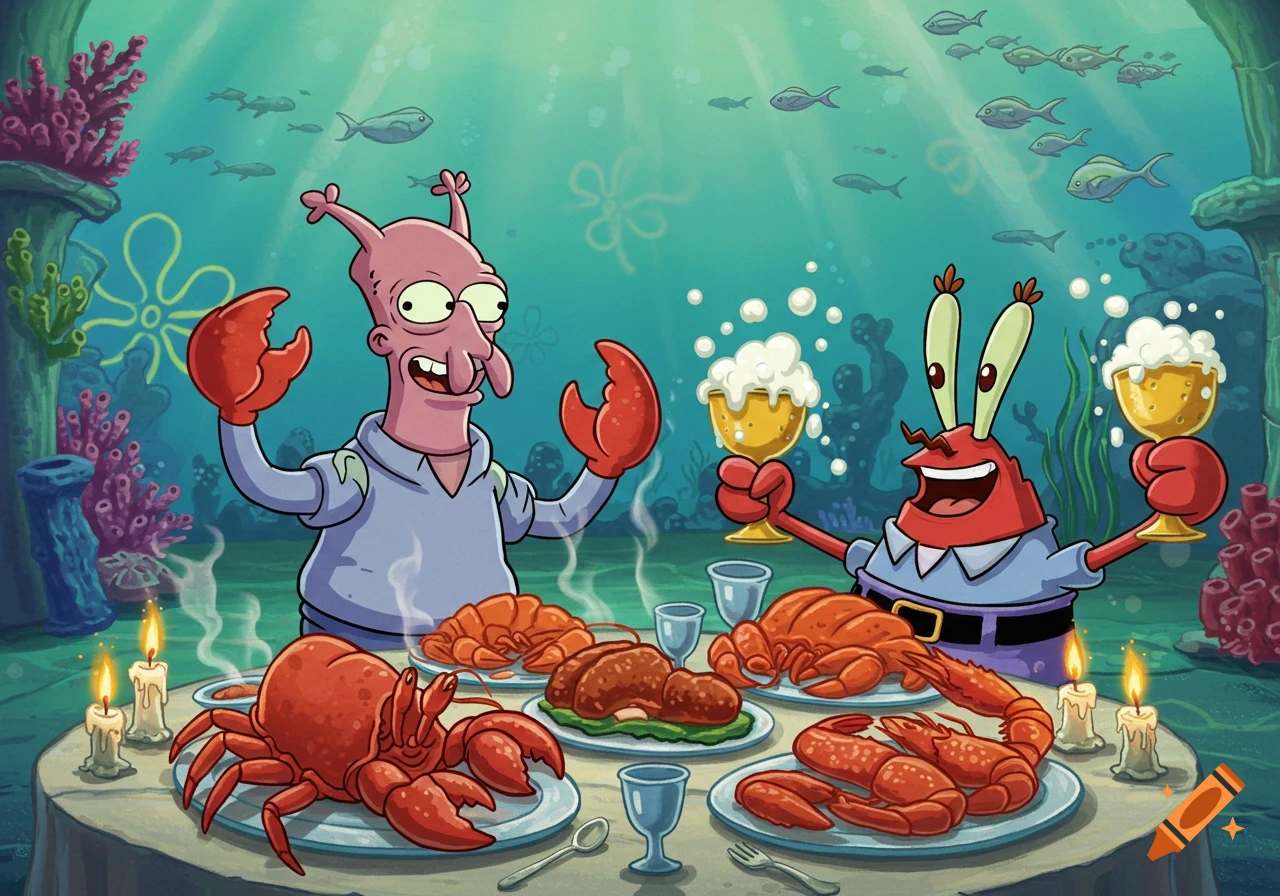 Zoidberg and Mr. Krabs enjoy a cartoon underwater crab feast, holding frothy mugs.