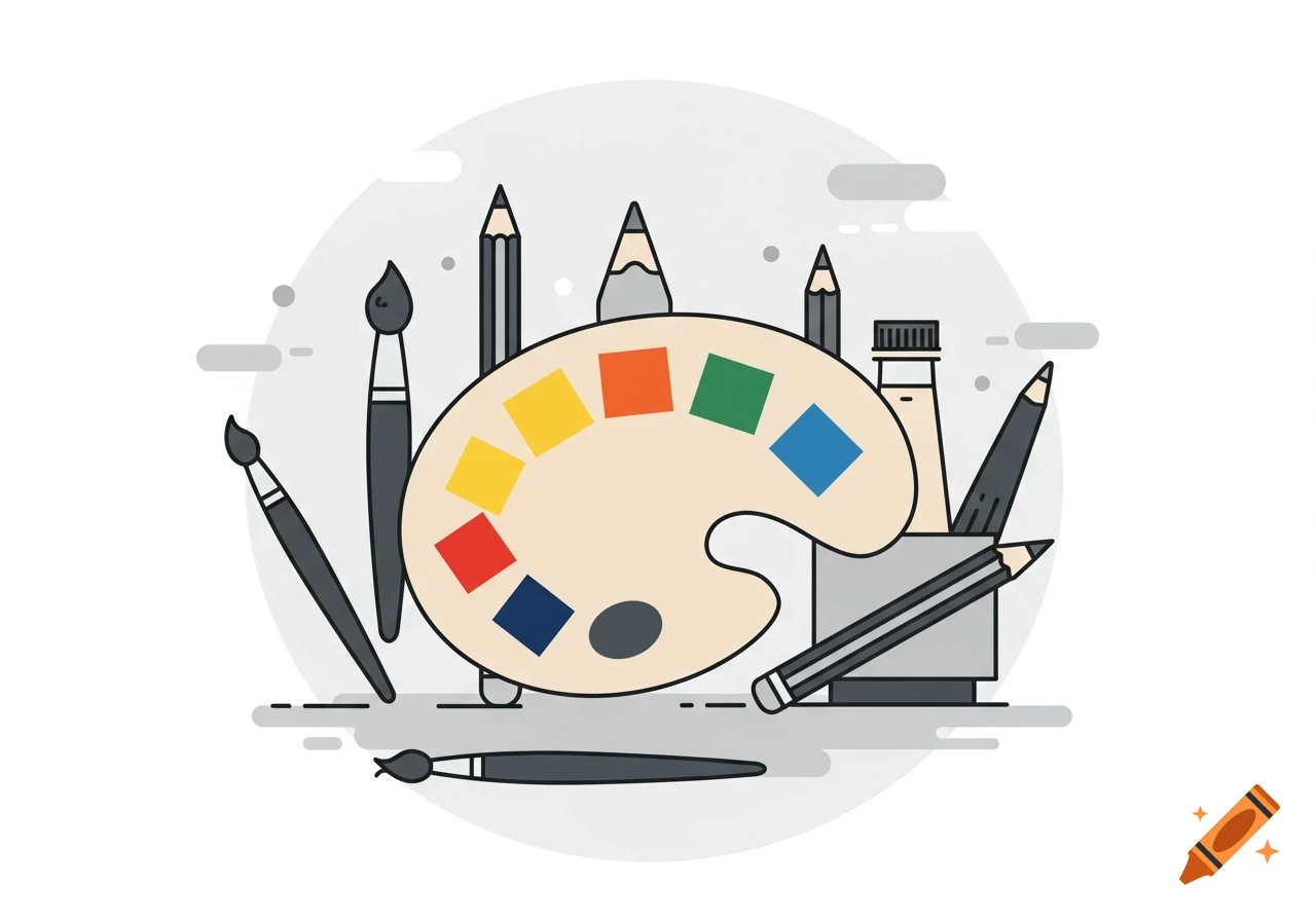 Vector illustration of art supplies: a painter's palette with colorful paints, brushes, pencils, and a paint tube.