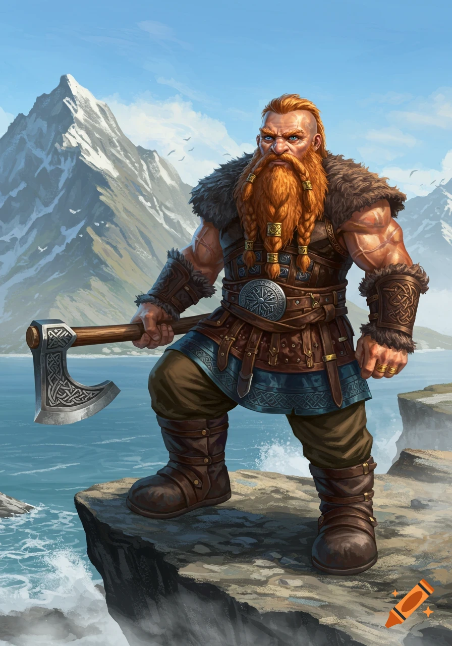 A muscular dwarf warrior with a braided red beard, fur-lined armor, and an axe stands on a cliff overlooking a stormy sea with mountains.