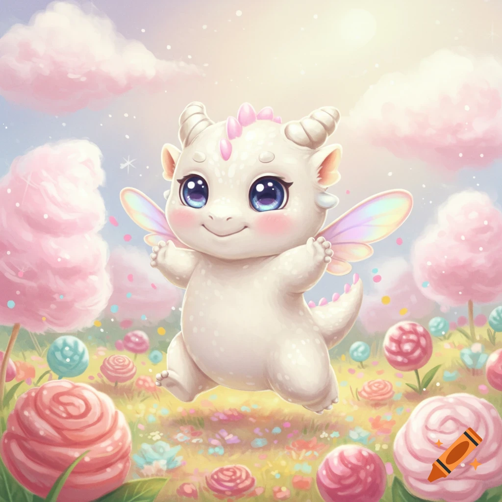 A cute, white, baby marshmallow dragon with pink accents and pastel wings leaps through a whimsical field of candy and flowers under a sunny sky in an illustration.