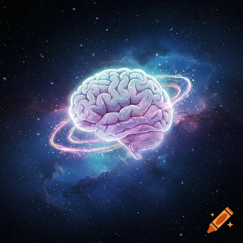 A luminous, purple and blue stylized brain floats in a starry cosmic void, surrounded by glowing rings and particles.