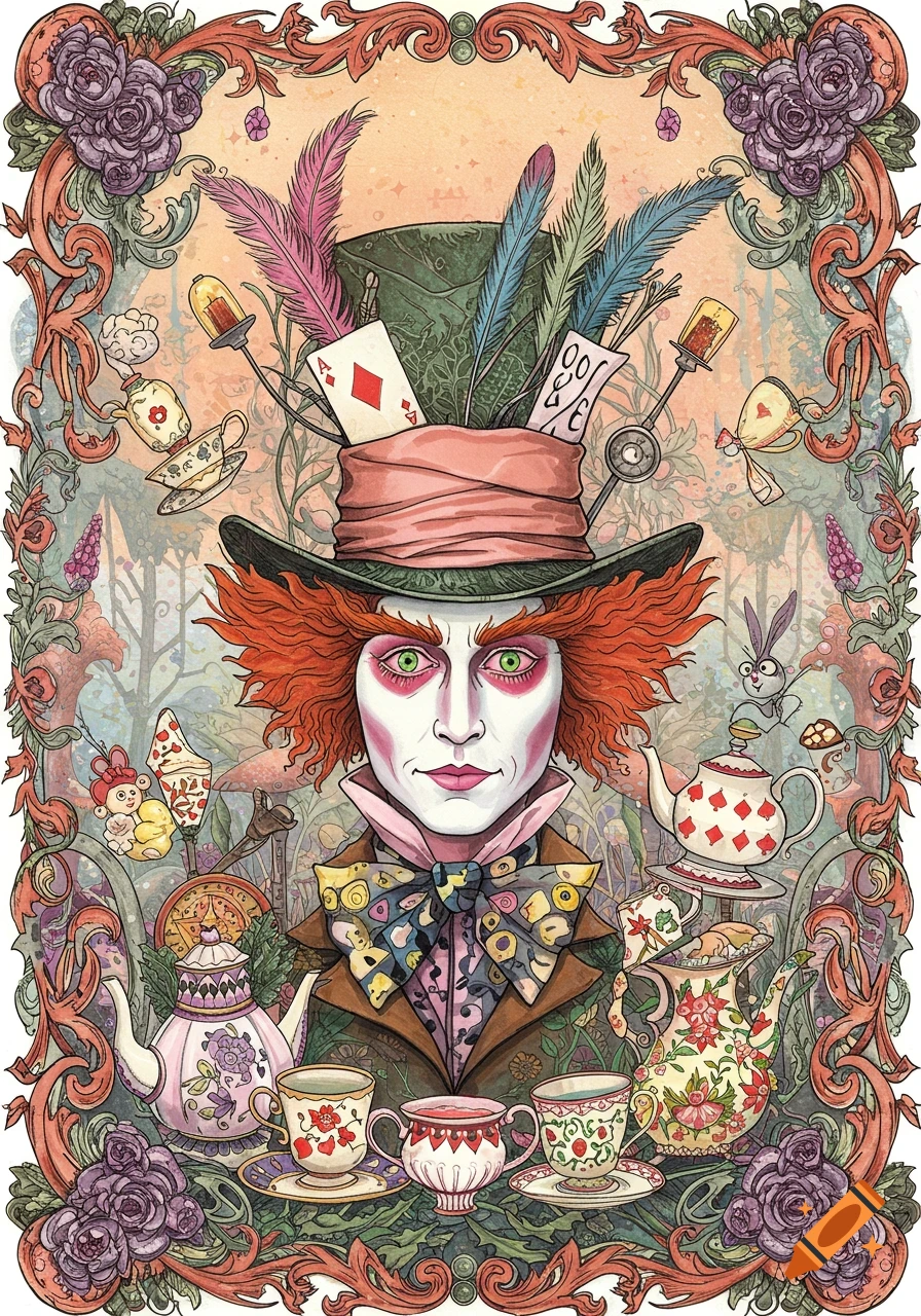 A colorful, whimsical illustration of the Mad Hatter with red hair and green eyes, surrounded by teapots, teacups, and a floral border.
