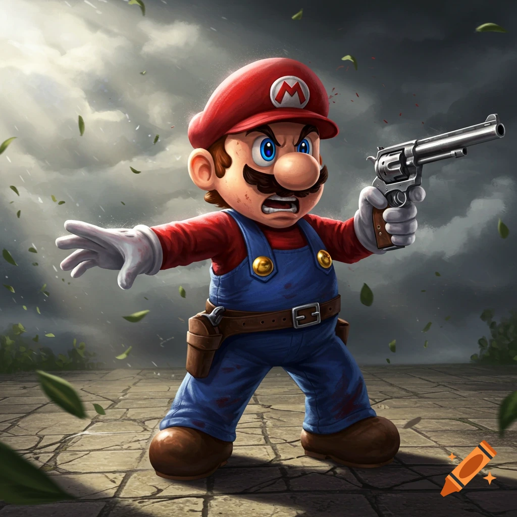 Stylized digital illustration of an angry Mario pointing a revolver with a stormy background and falling leaves.