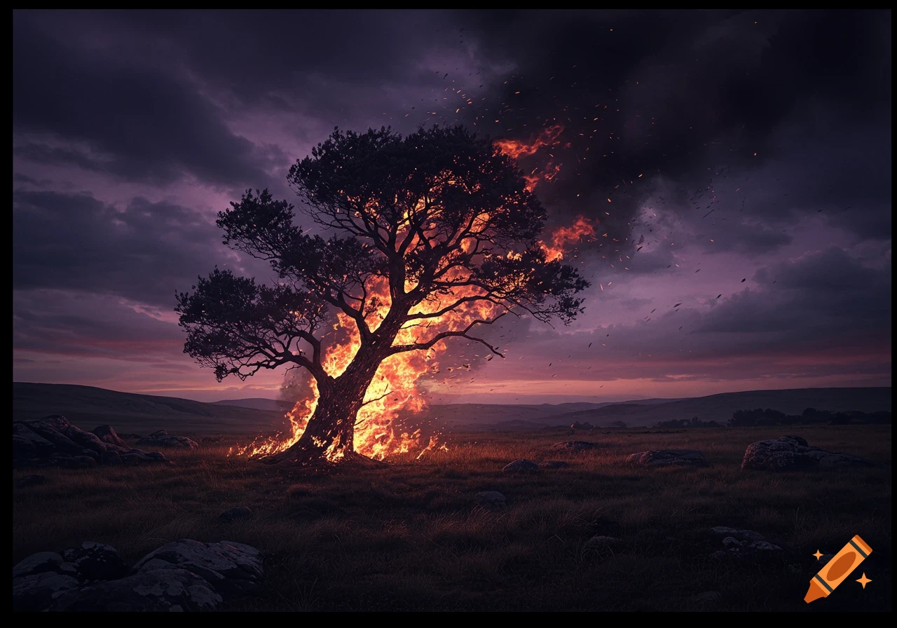 A large tree ablaze with bright orange flames in a desolate, grassy landscape under a dark, purple and orange dramatic sky.