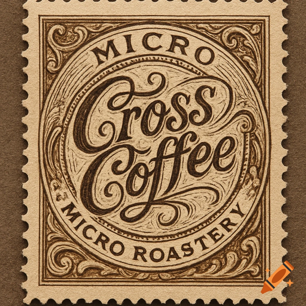 Ornate, vintage-style postage stamp for 'Cross Coffee Micro Roastery' in brown ink.