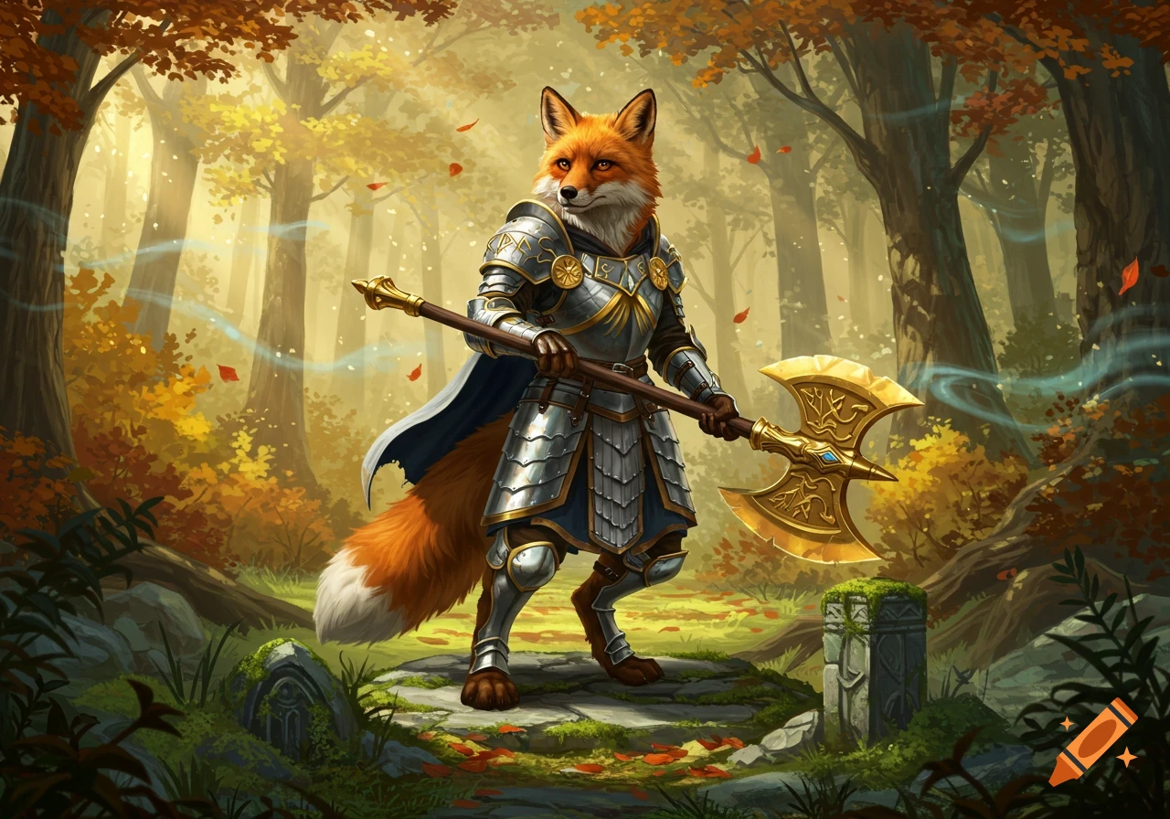 A red fox in detailed silver and gold paladin armor stands in an autumn forest, holding a golden double-bladed axe.