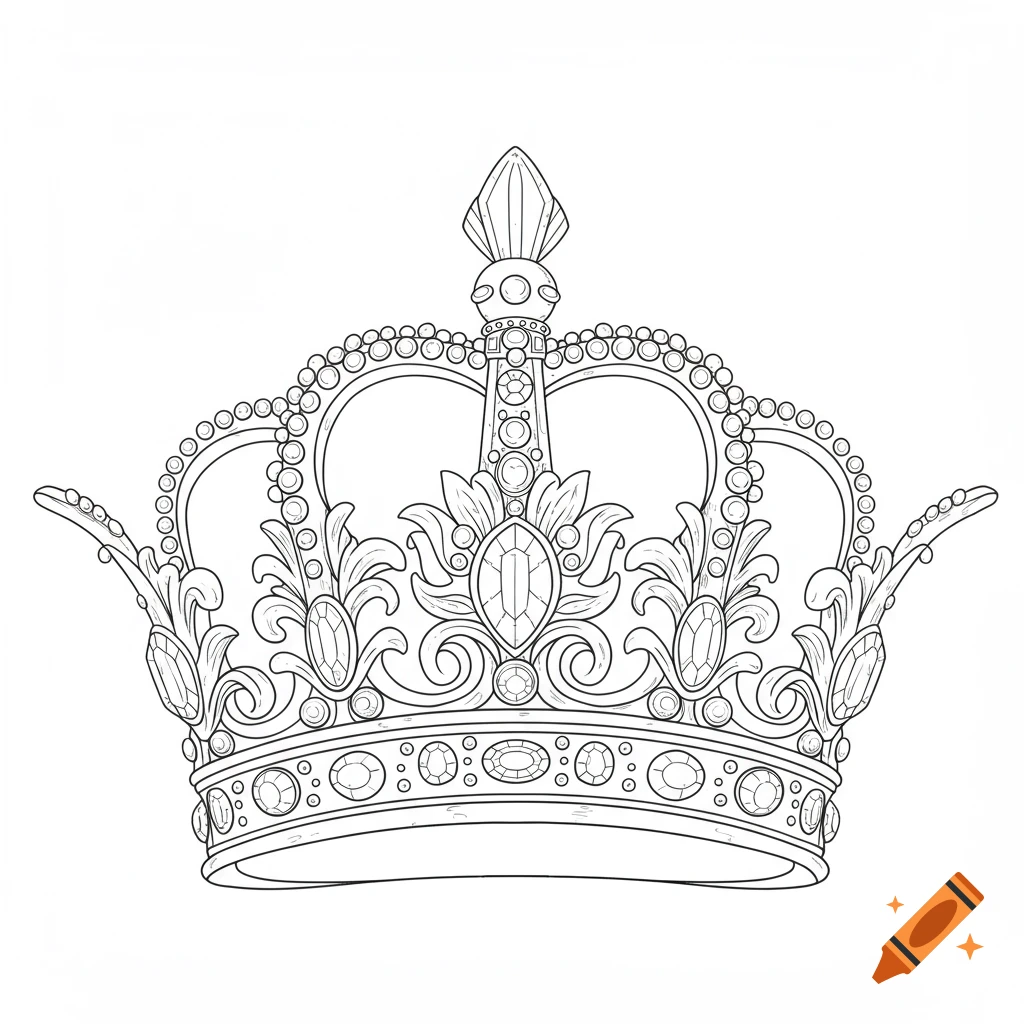 An ornate crown depicted as a black and white coloring page illustration, detailed with jewels and filigree.