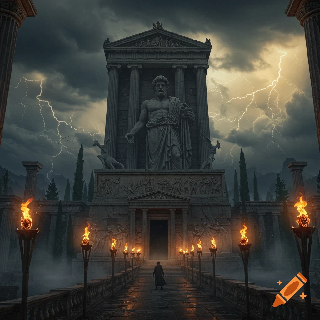 A lone figure approaches a colossal ancient temple under a stormy, lightning-filled sky. The temple features a large statue and torch-lit path.