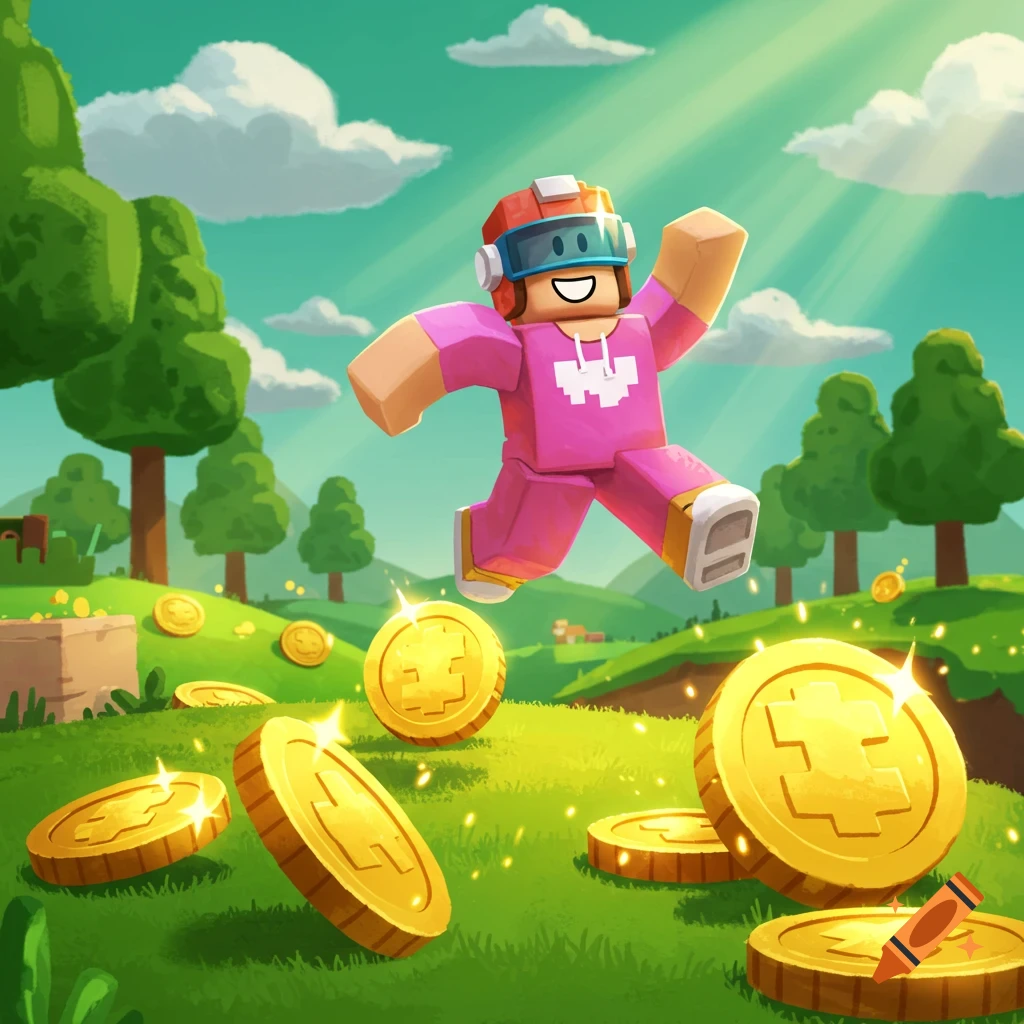 A smiling Roblox-style character in a pink outfit and VR headset jumps over a grassy hill with glowing gold coins under a sunny sky.