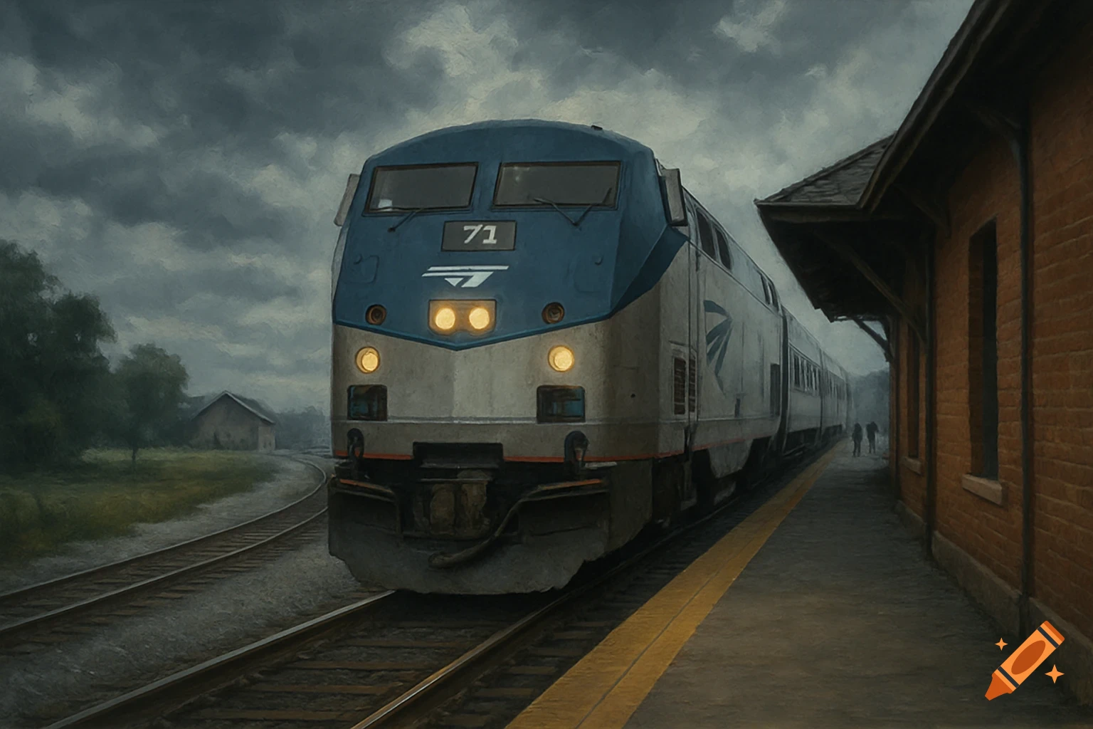 A silver and blue Amtrak train, number 71, at a station platform with a red brick building under a cloudy sky. Digital painting.