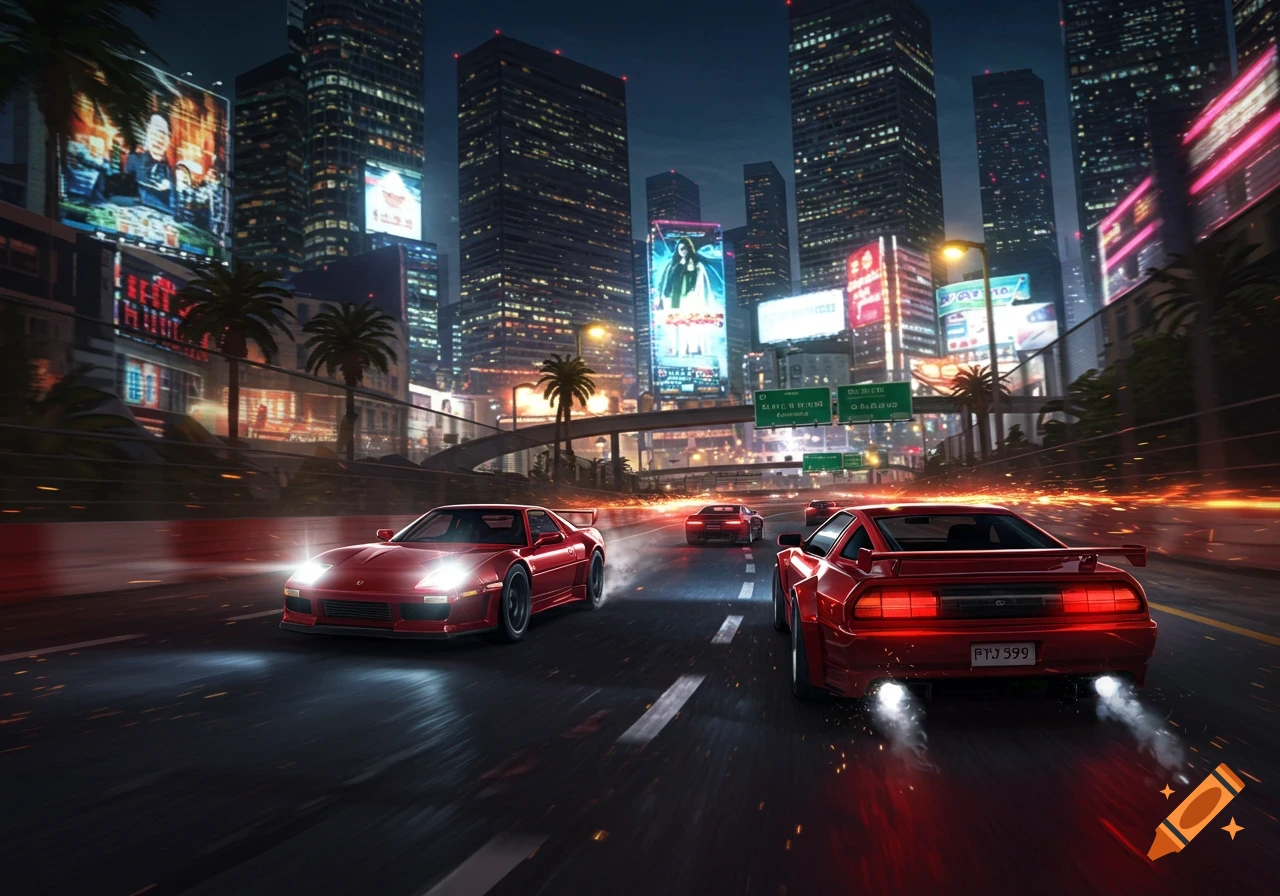 Red sports cars race down a neon-lit city highway at night, with skyscrapers and billboards in the background.