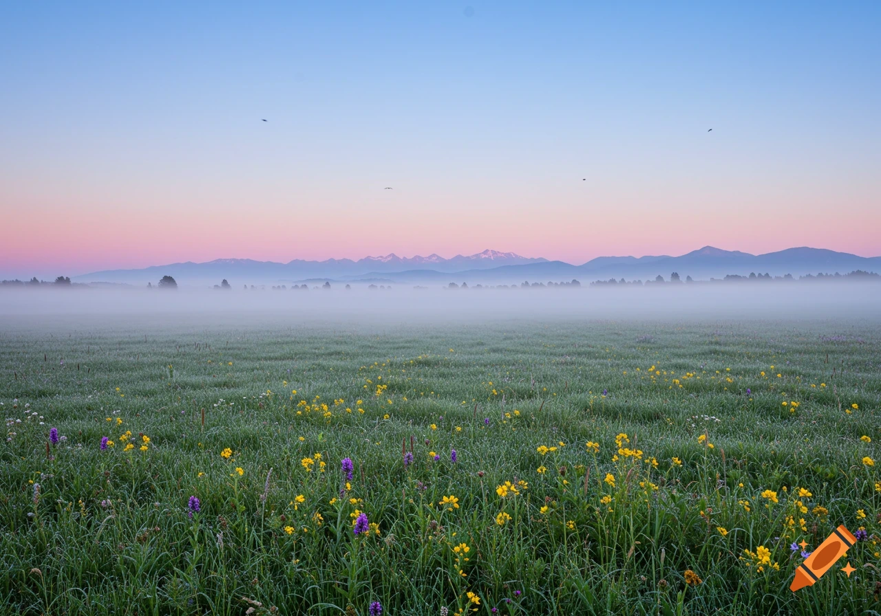 A misty morning landscape with green fields of yellow and purple wildflowers, mountains in the background, and a pastel pink and blue sky.